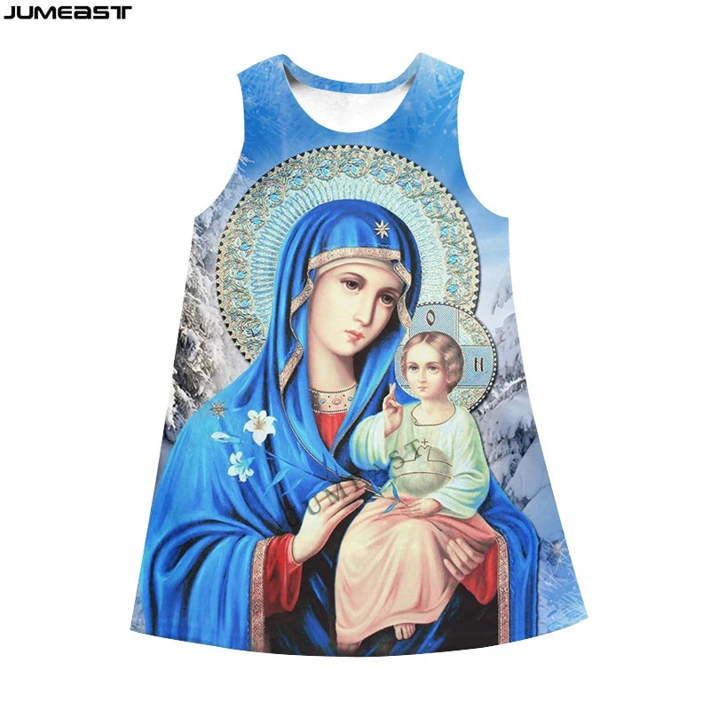 Jumeast 3D Virgin Mary Print Sleeveless Skirt Dress Christian Angel Graphic Summer Fashion Women's Nightdress Lolita Clothing