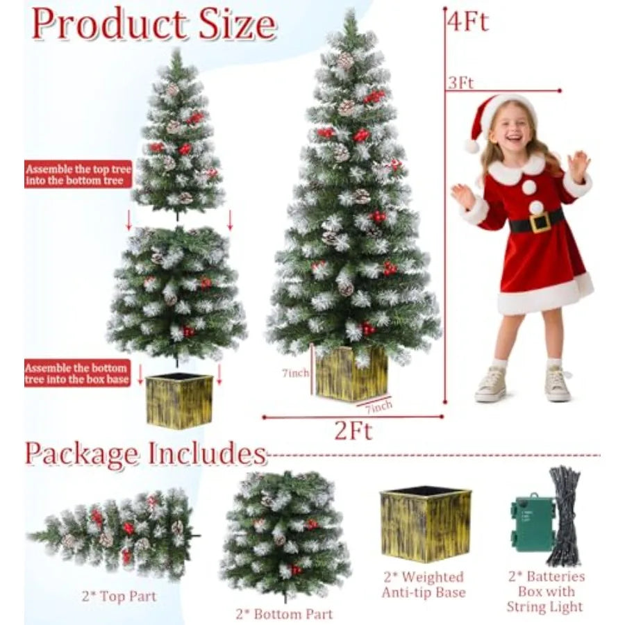 2 Pack 4 Ft Entrance Christmas Tree in WoodLike Box Base Artificial Potted Xmas Tree with 60 LEDs Warm White Light Timer Waterp