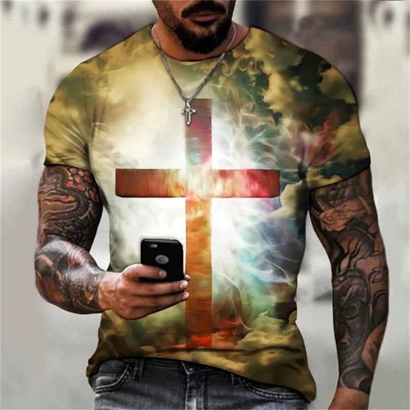 Christian Men Clothing T Shirts Oversized T-shirt Gothic Jesus Christ Cross 3D Print O-neck Tops Vintage Personality Unisex Tees