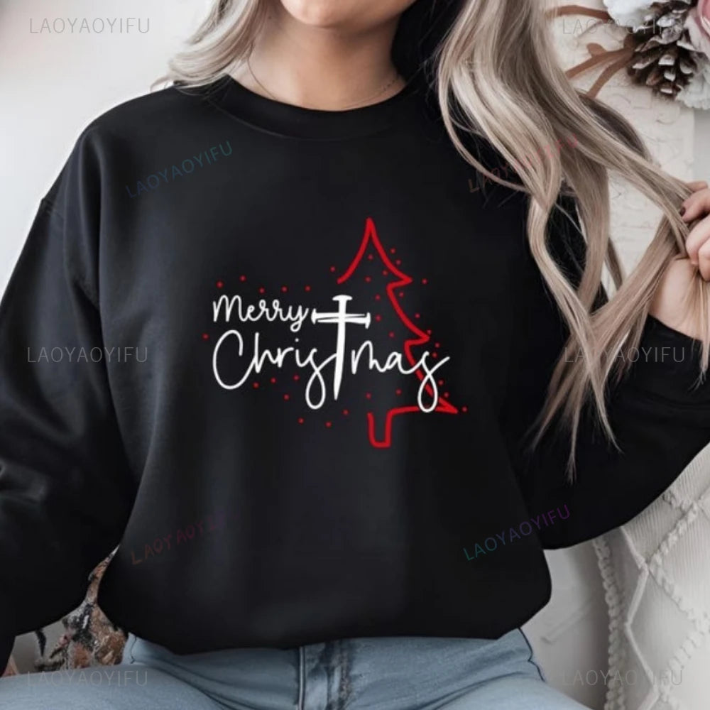 Merry Christmas Sweatshirt Christian Cross Tree Hoodie Religious Holiday Gift Faith Christmas Gift Hoodies Women Clothing