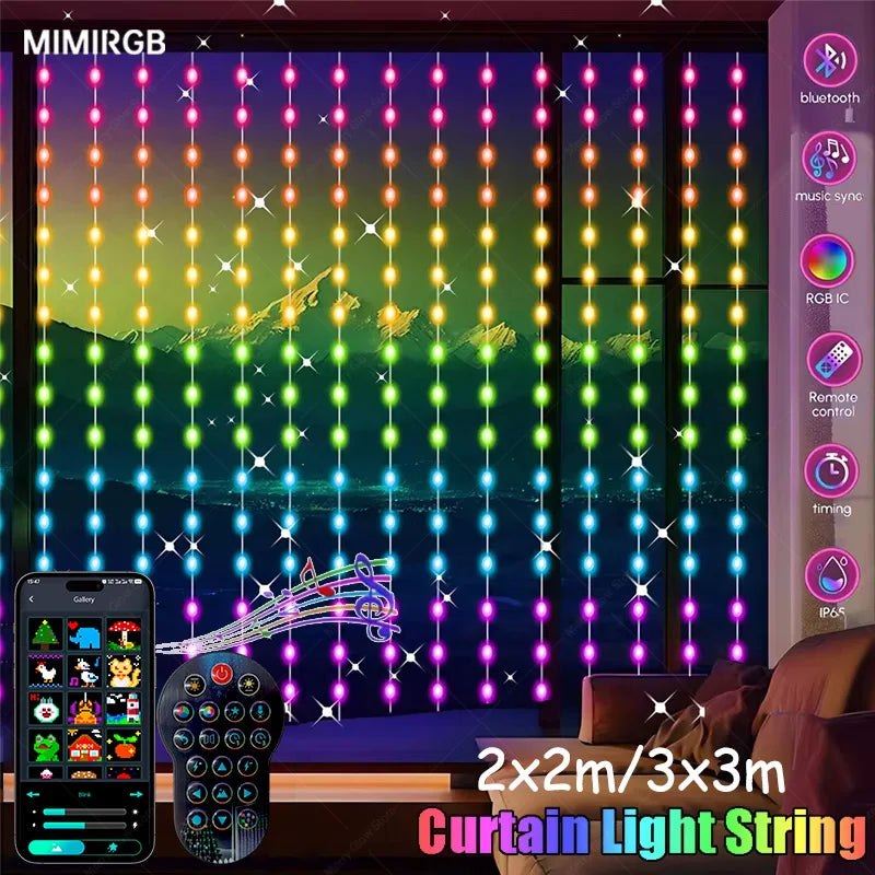 Smart RGB Curtain Light String USB Plug Remote Control LED Curtain Light APP Bluetooth Control String Lights for Room Decoration