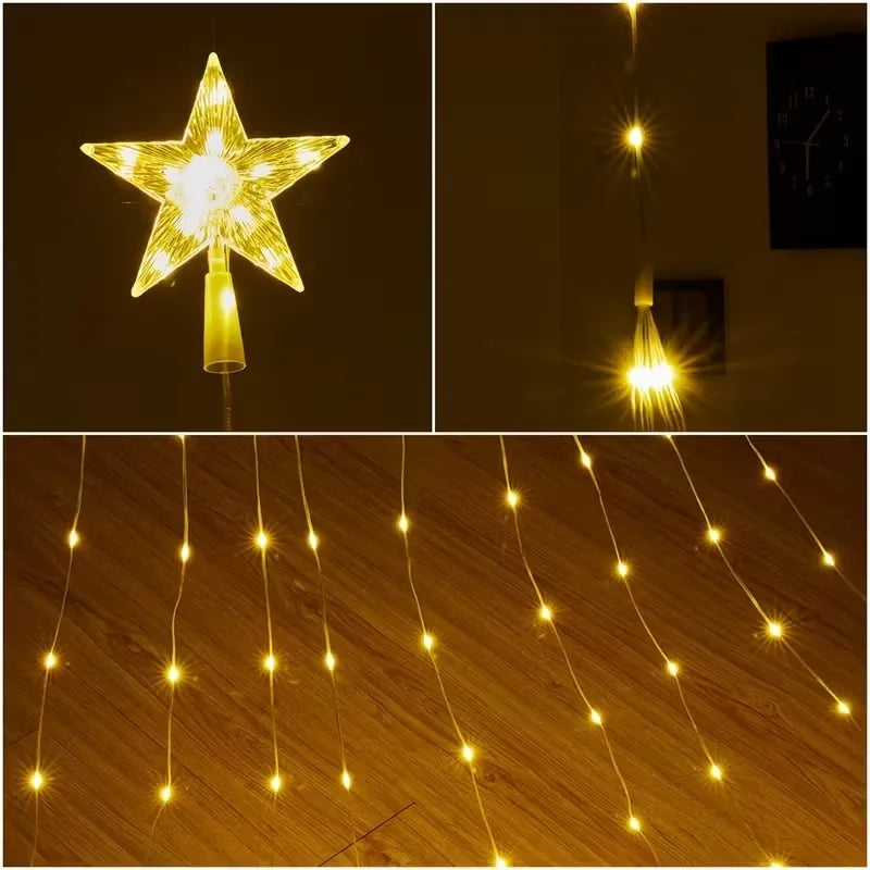 Christmas Tree Decoration Star Waterfall Fairy Lights with 8 Modes USB Powered for Indoor Outdoor Holiday Decor Garden Party