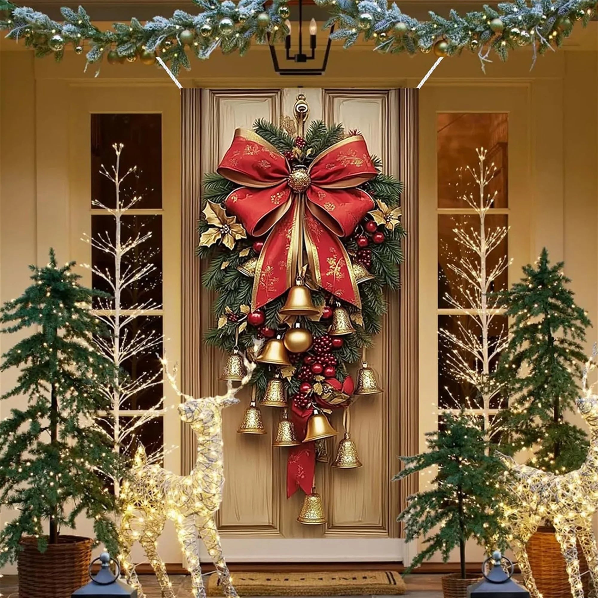 Christmas Wreath with LED Lights and Pinecones for Front Door Decoration Festive Holiday Door Hanger with Bow and Bells