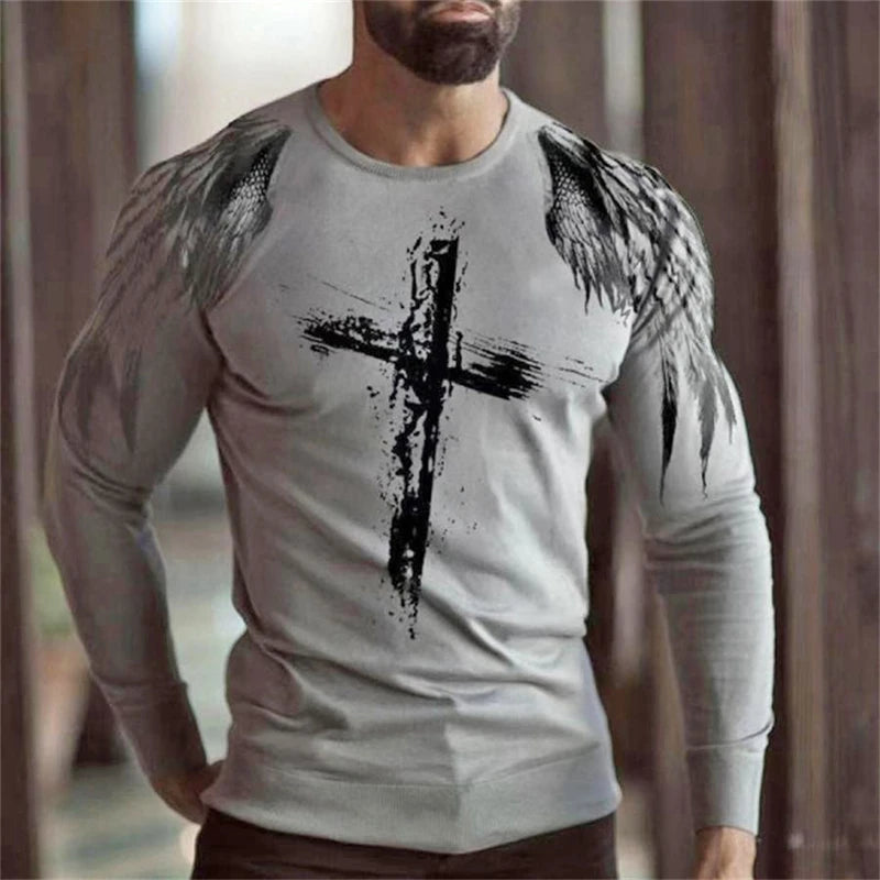 Men's T-shirt Christian Letter Pattern Jesus Retro Long Sleeve Round Neck T-shirt 3D Printed T-shirt Sports Men's Clothing