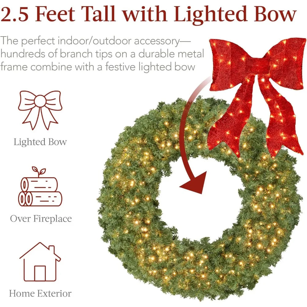 30 Inch Large Pre-lit Artificial Fir Christmas Wreath with Red Lights - Door and Mantel Holiday Decoration Accent