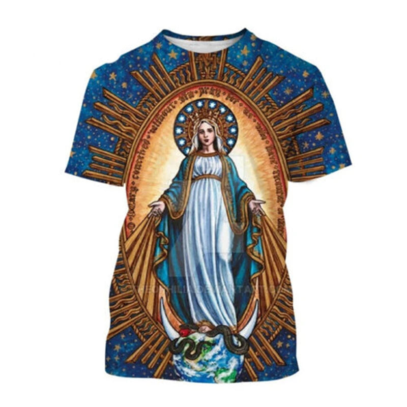 Virgin Mary T Shirt Goddess Of Mercy 3D Print T-Shirt Christian Blessed Jesus God T Shirts Womens Clothing Unisex Short Tops