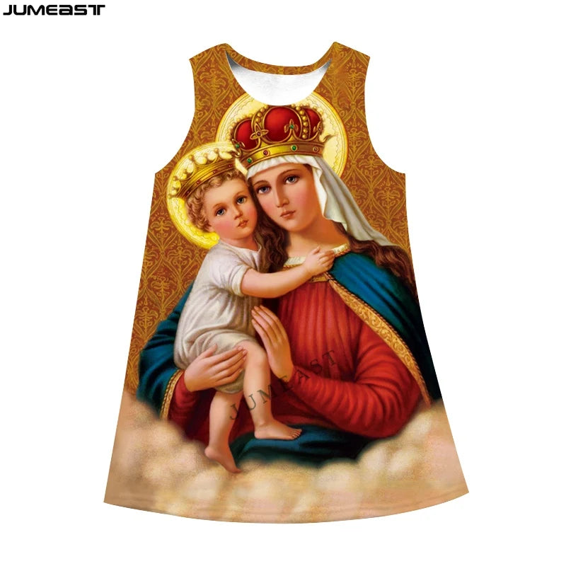 Jumeast 3D Virgin Mary Print Sleeveless Skirt Dress Christian Angel Graphic Summer Fashion Women's Nightdress Lolita Clothing