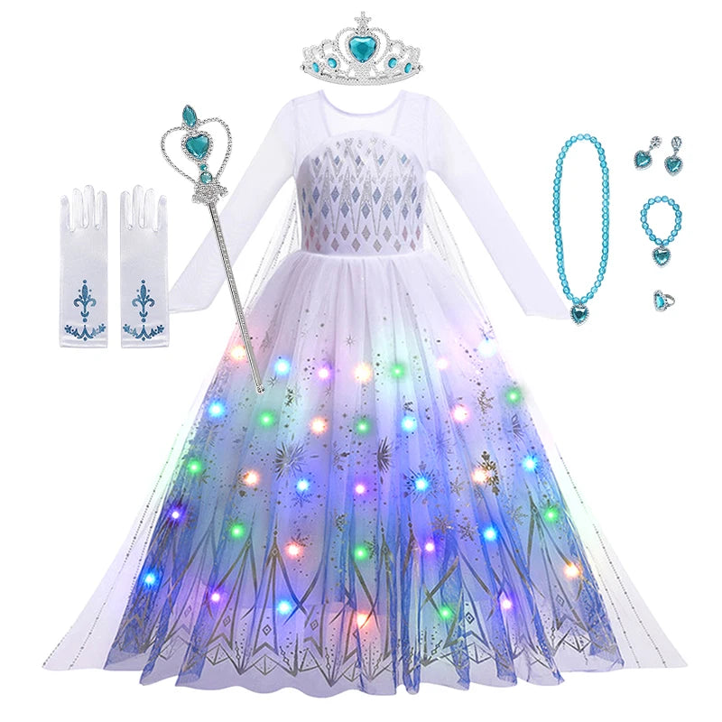 LED Light Up Elsa Dresses for Girls Kids Carnival Christmas Party Gown Childrens Cosplay Party Clothes Girls Long Sleeve Dresses