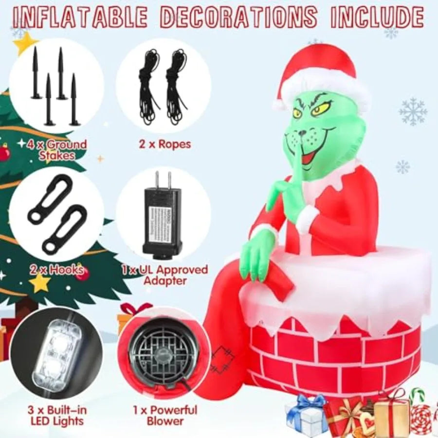 6FT Christmas Inflatable Outdoor Decoration Featuring a Green Ugly Monster with Builtin LED Lights for Holiday Party Halloween