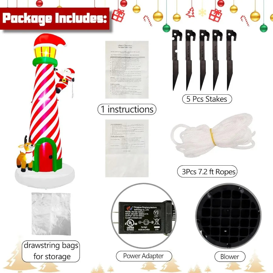 10FT Christmas Inflatable Decoration Giant Lighted Lighthouse Blowups with Santa and Reindeer AirBlown Ornaments with Storage B