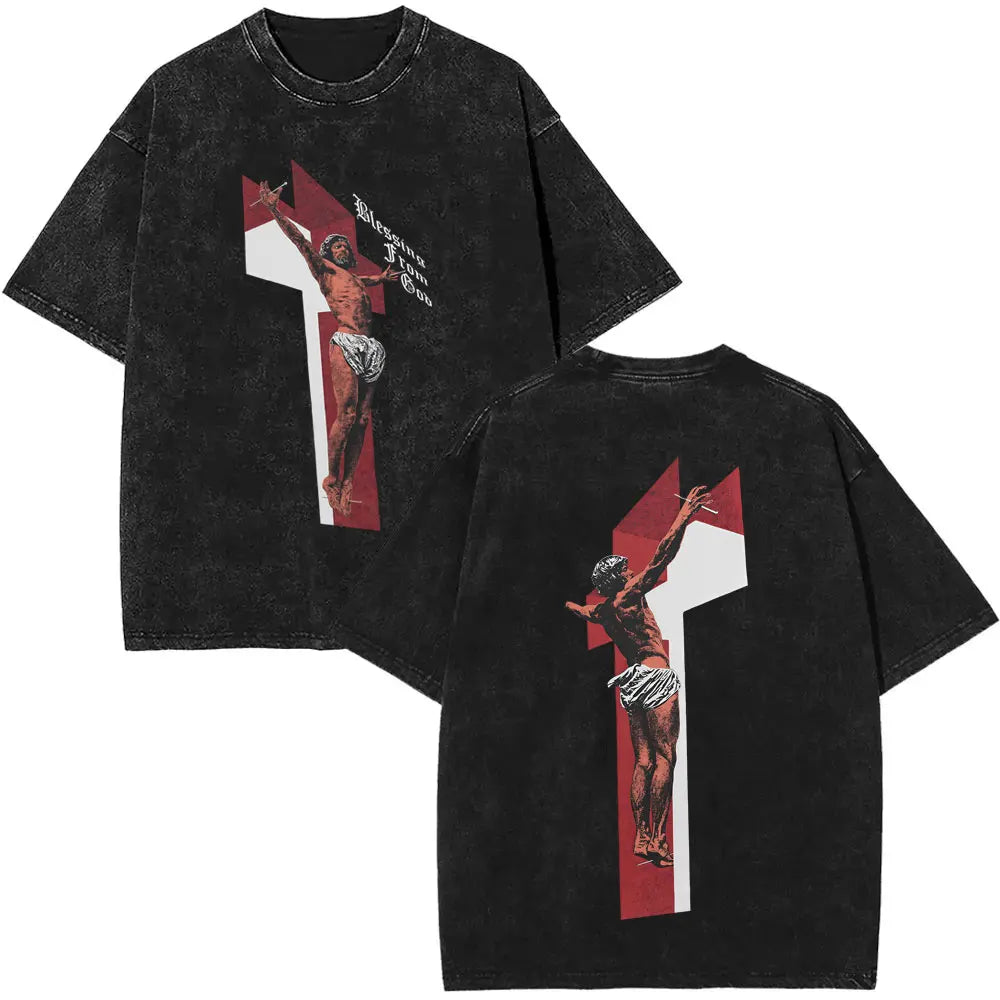 Washed Vintage Christian Jesus Blessing From God Graphic T-shirt Men Women Clothing Fashion Casual Oversized Crewneck T Shirts