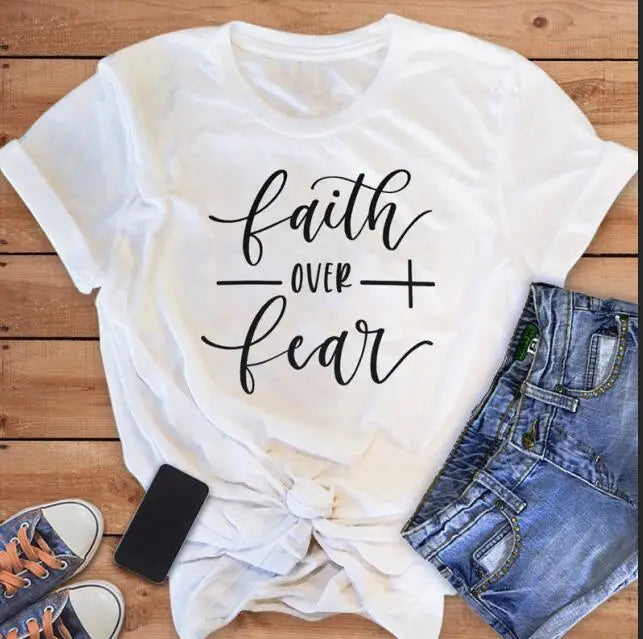 Faith Over Fear Christian T-Shirt Religion Clothing For Women Faith Shirt Graphic Fearless Slogan Vintage Grunge Tops Girl tees