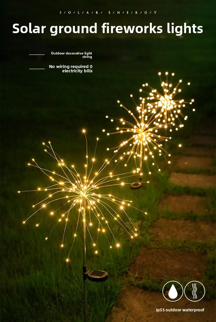New LED Solar Ground Mounted Fireworks Lights Outdoor Waterproof Holiday Garden Decoration Dandelion Atmosphere Lawn Lights