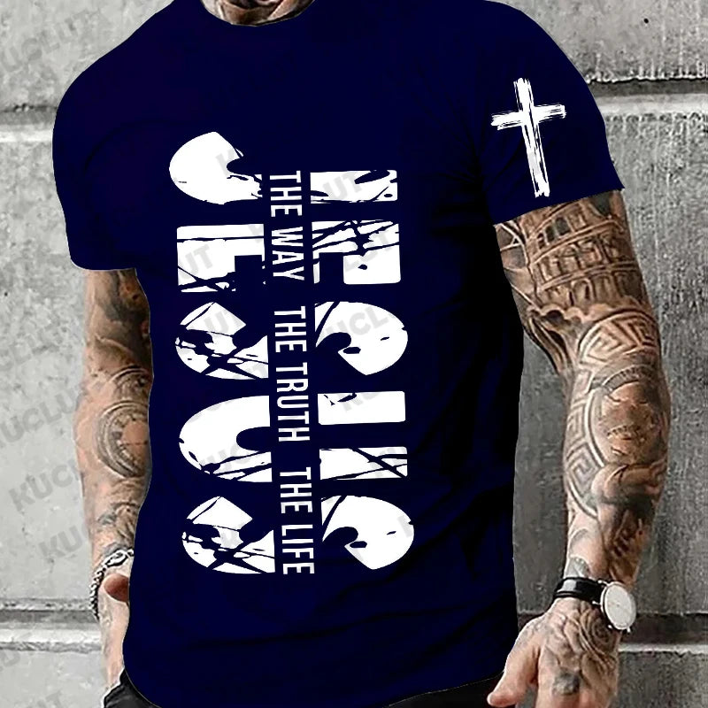 Loose Men T-shirt Summer Jesus The Way The Truth The Life Print T Shirt Christian Bible  Retro Design Men Street Tee Clothing