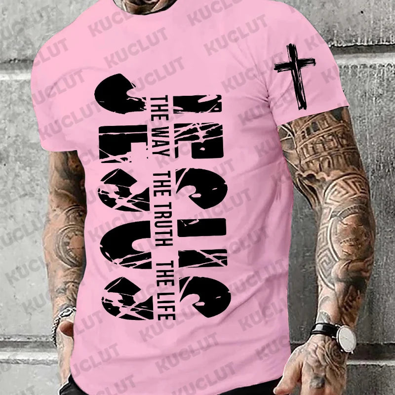 Loose Men T-shirt Summer Jesus The Way The Truth The Life Print T Shirt Christian Bible  Retro Design Men Street Tee Clothing