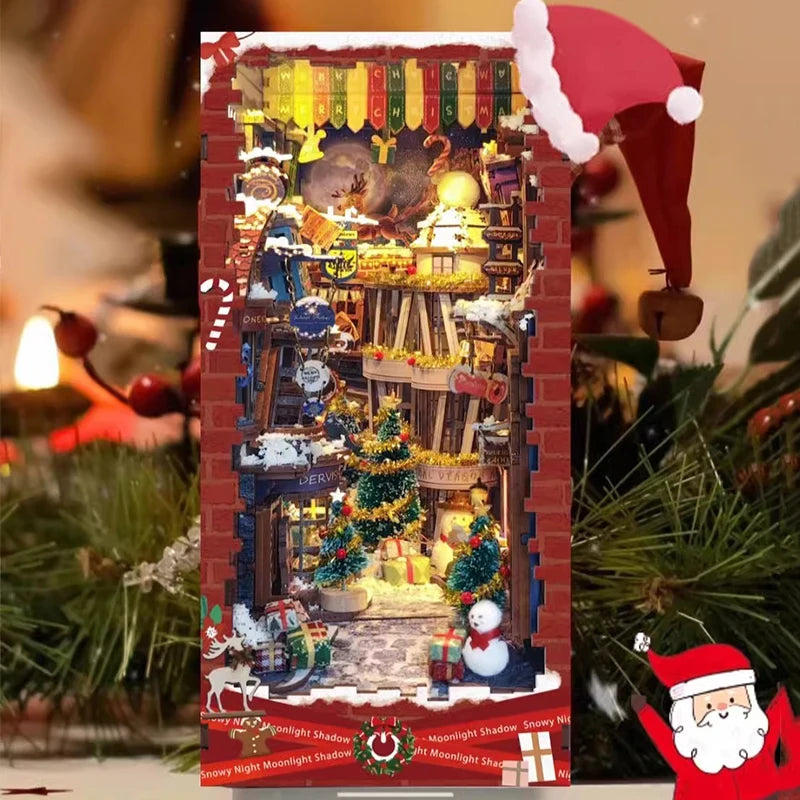 DIY Book Nook Merry Christmas Bookend Wooden Miniature Model Kit with Led Lights Handmade Bookshelf for Friends Birthday Gifts