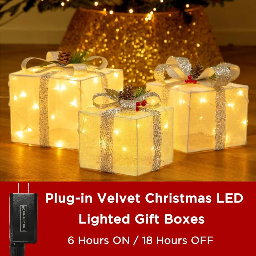 Set of 3 Plugin Christmas Lighted Gift Boxes Prelit 60 LED Light Up Decorations for Outdoor and Indoor Use Perfect for Porch Ya