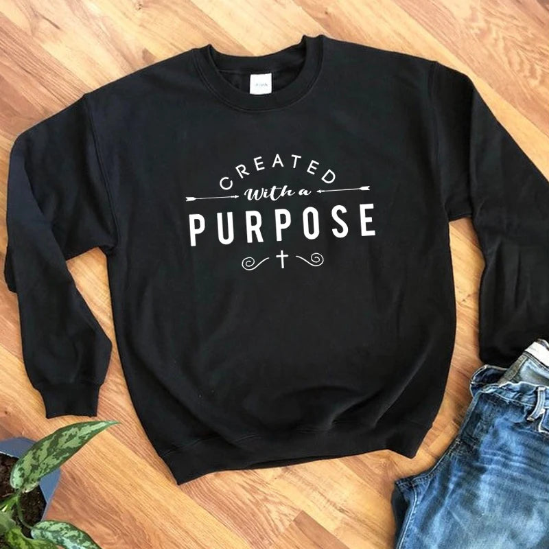 Spring Created with A Purpose Sweatshirt Funny Cotton O-Neck Fashion Clothing Hoodies 100% Cotton Christian Faith Jumper Tops