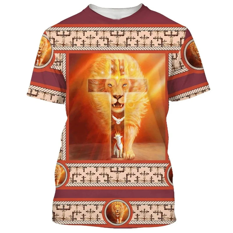 Trendy Vintage T Shirt For Men Women  3D Full Print Lion Cross Graphic T-Shirt Fashion Short Sleeve Jesus Christian Y2k Clothing