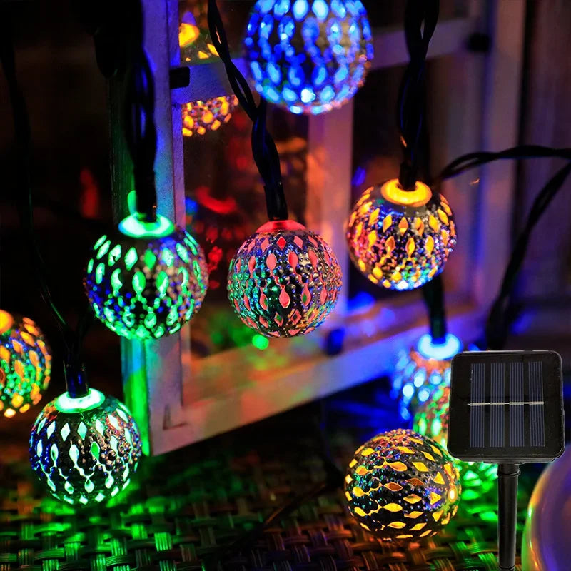 Solar Light String Hollow Moroccan Ball Atmosphere Lamp Christmas Colored Light Iron Round Ball Room Decoration Star Shaped Lamp