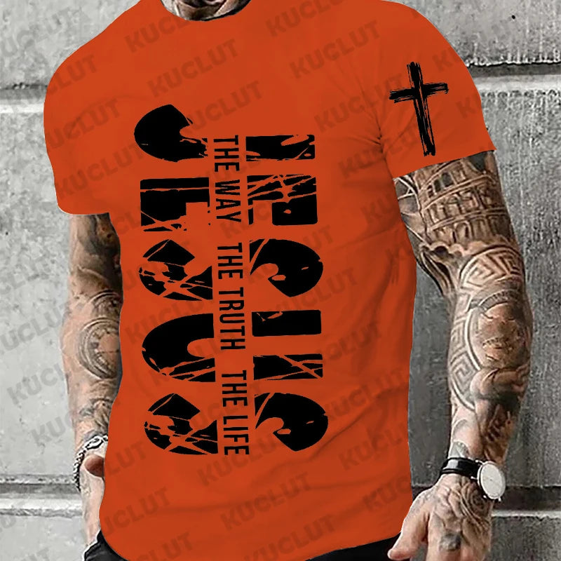 Loose Men T-shirt Summer Jesus The Way The Truth The Life Print T Shirt Christian Bible  Retro Design Men Street Tee Clothing