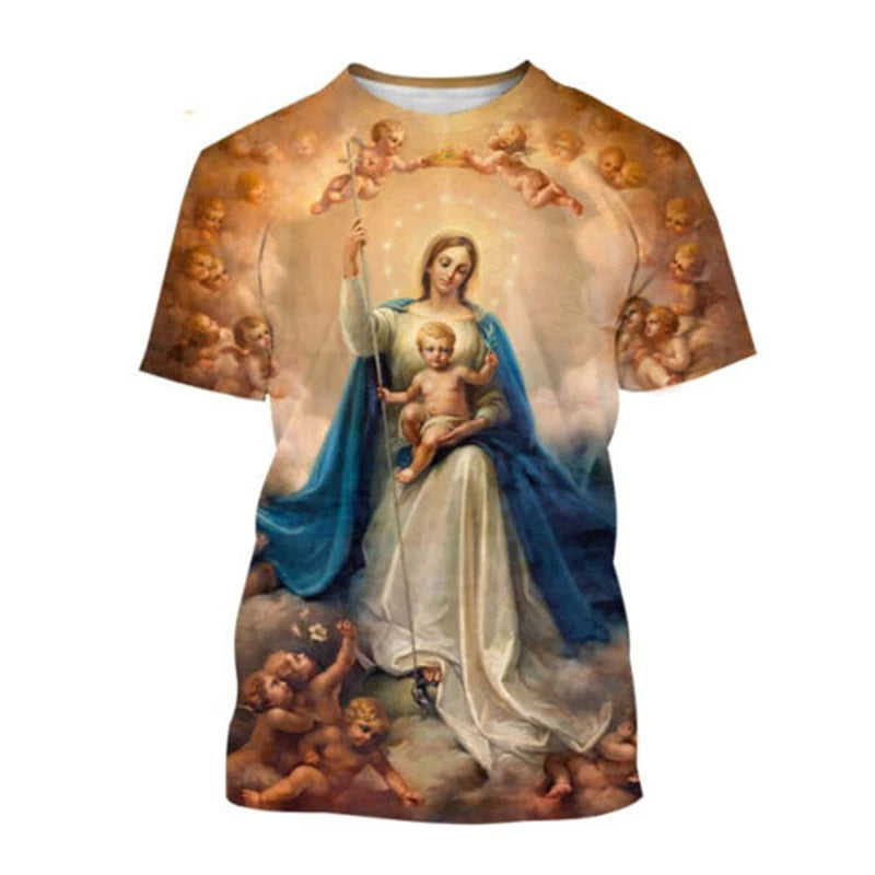 Virgin Mary T Shirt Goddess Of Mercy 3D Print T-Shirt Christian Blessed Jesus God T Shirts Womens Clothing Unisex Short Tops