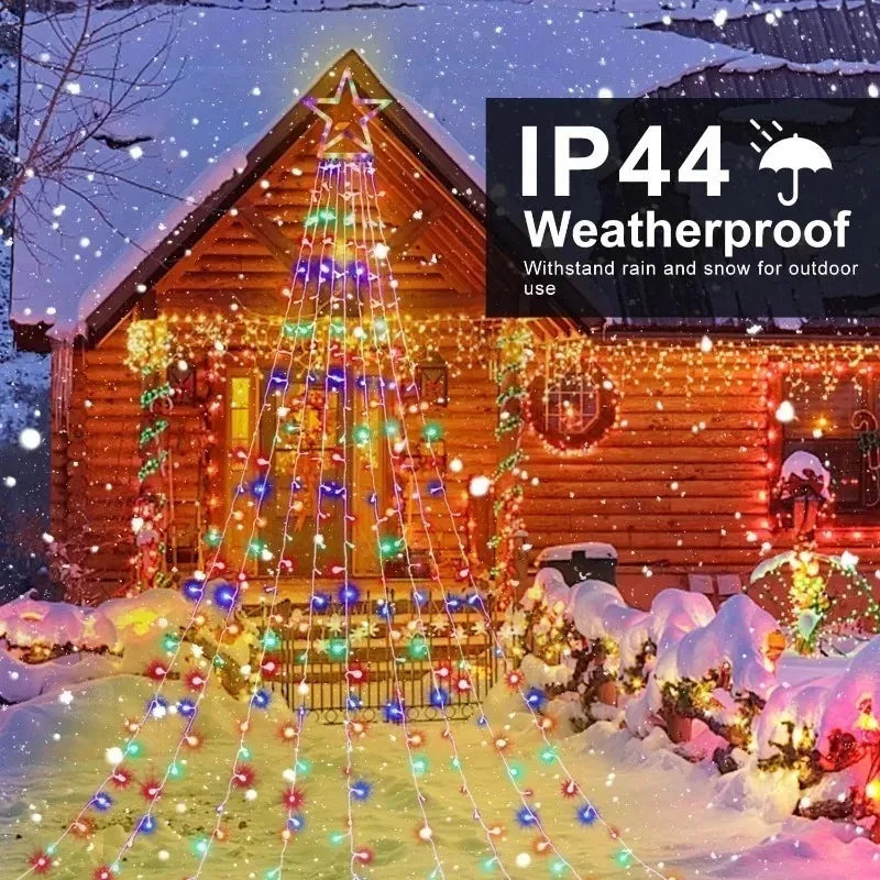 Christmas Tree Decoration Star Waterfall Fairy Lights with 8 Modes USB Powered for Indoor Outdoor Holiday Decor Garden Party