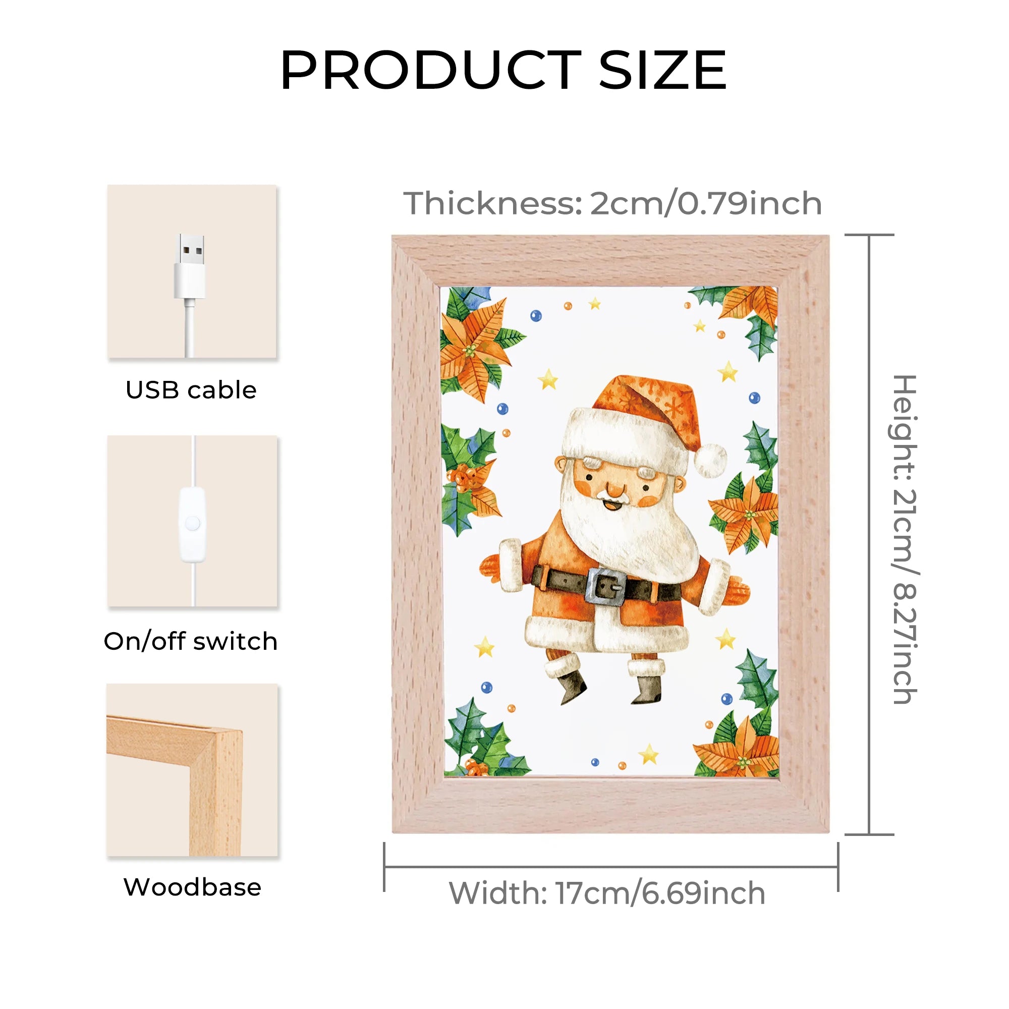 2D Flat Santa Claus LED Acrylic Night Light Wood Photo Frame 21x17cm Cartoon Children Christmas Bedroom Gifts Home Decor Gift