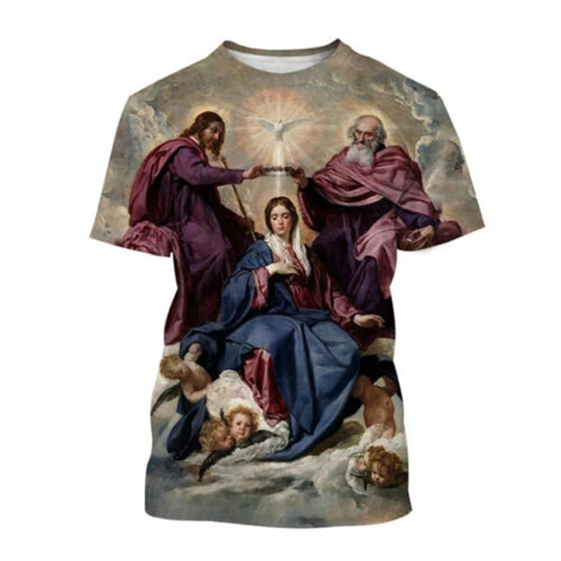 Virgin Mary T Shirt Goddess Of Mercy 3D Print T-Shirt Christian Blessed Jesus God T Shirts Womens Clothing Unisex Short Tops