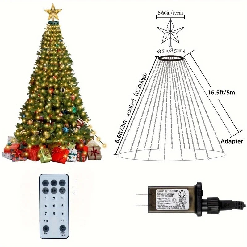 HYGX Christmas Tree Light Strip with Rings, 400 LED Christmas String Lights with Star Top, 6.6 Feet x 16 Rows of Fairy Lights