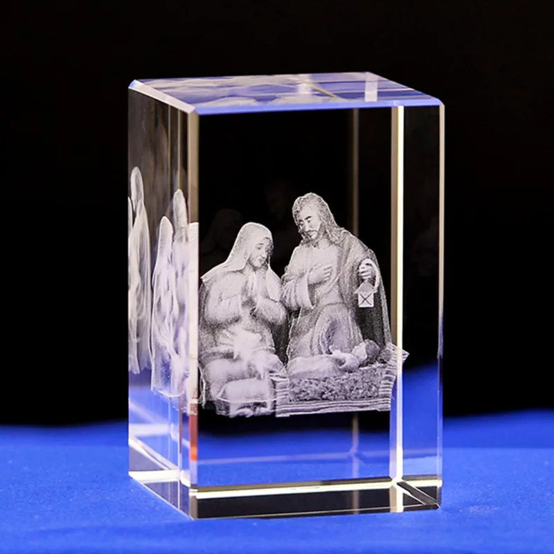 3D K9 Crystal 5x5x8cm Cube Christian Jesus Cross Figurine Home Decor Virgin Laser Engrave Crystal Religious gifts for Kids birth