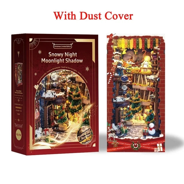 DIY Book Nook Merry Christmas Bookend Wooden Miniature Model Kit with Led Lights Handmade Bookshelf for Friends Birthday Gifts