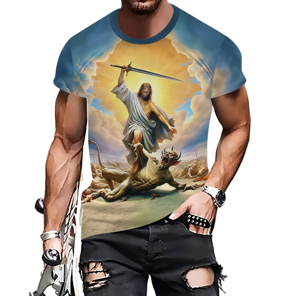 Vintage T-Shirts for Men 3D Jesus Passion Print Short Sleeve Tops Summer Christian T Shirt Loose Oversized T Shirts Men Clothing