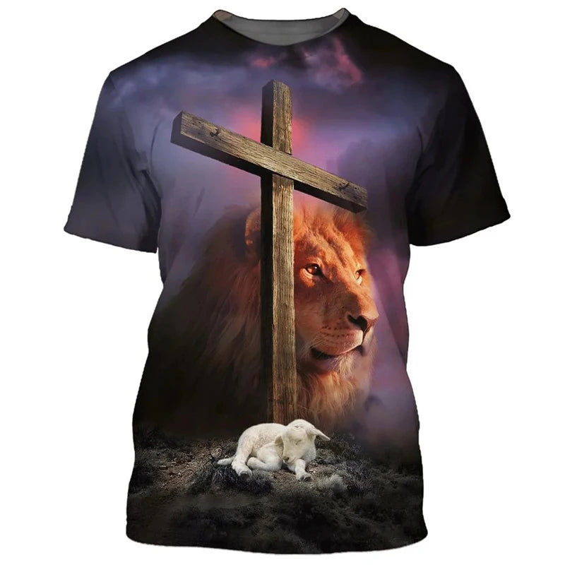 Trendy Vintage T Shirt For Men Women  3D Full Print Lion Cross Graphic T-Shirt Fashion Short Sleeve Jesus Christian Y2k Clothing