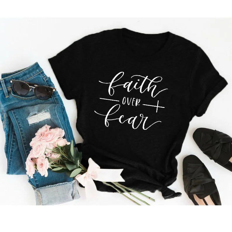 Faith Over Fear Christian T-Shirt Religion Clothing For Women Faith Shirt Graphic Fearless Slogan Vintage Grunge Tops Girl tees