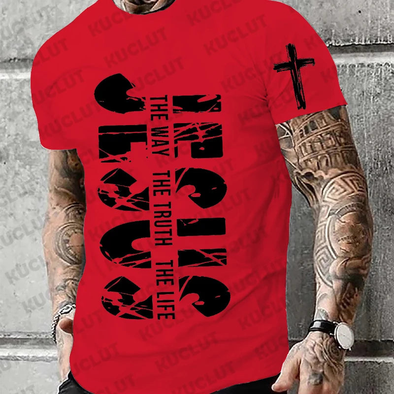 Loose Men T-shirt Summer Jesus The Way The Truth The Life Print T Shirt Christian Bible  Retro Design Men Street Tee Clothing