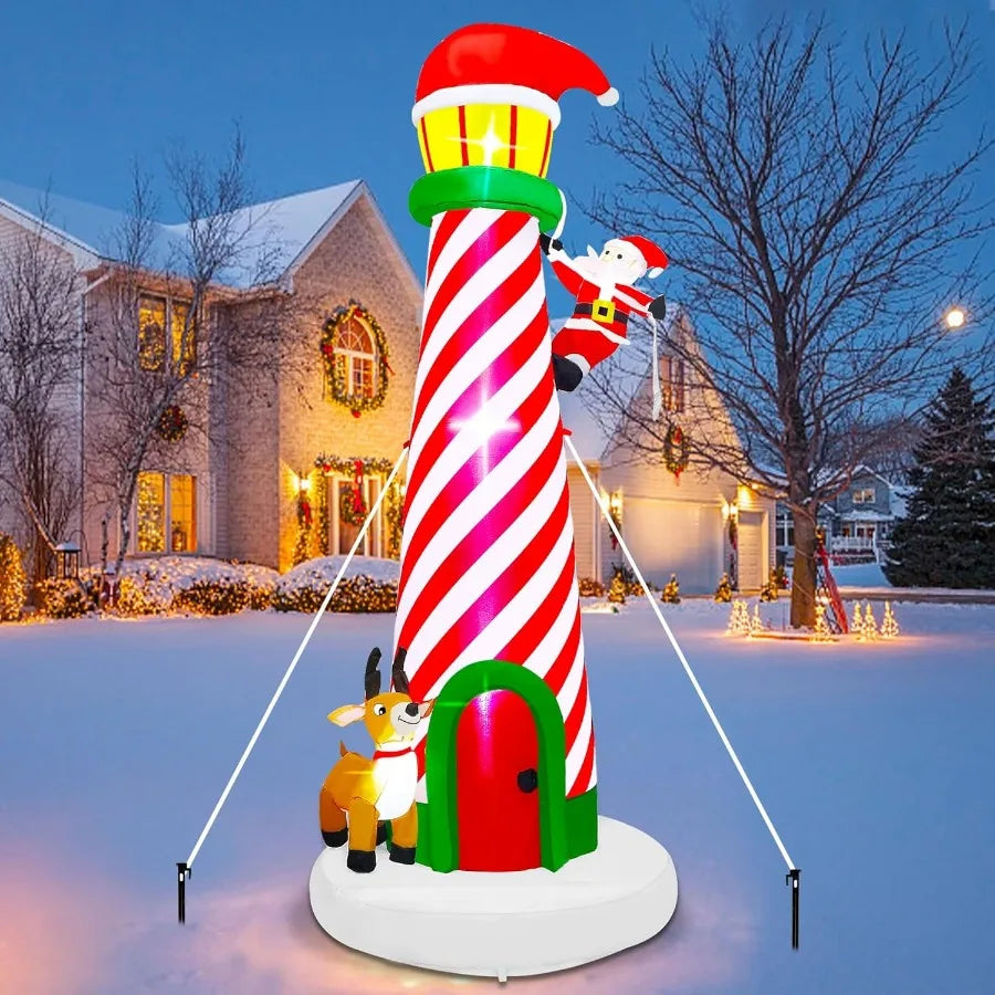 10FT Christmas Inflatable Decoration Giant Lighted Lighthouse Blowups with Santa and Reindeer AirBlown Ornaments with Storage B