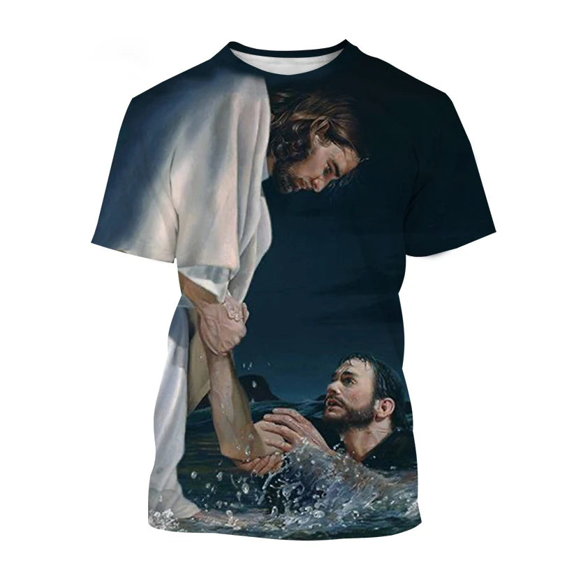 Christian God Jesus 3D Print T-shirt Men's O-Neck Short Sleeve T Shirts Streetwear Oversized Harajuku Tees Tops Kids Clothing