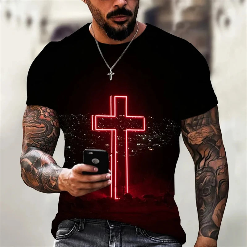 Christian Men Clothing T Shirts Oversized T-shirt Gothic Jesus Christ Cross 3D Print O-neck Tops Vintage Personality Unisex Tees