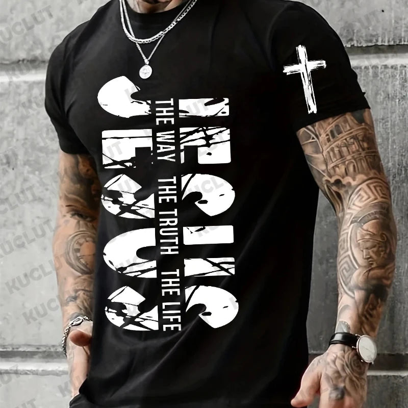 Loose Men T-shirt Summer Jesus The Way The Truth The Life Print T Shirt Christian Bible  Retro Design Men Street Tee Clothing