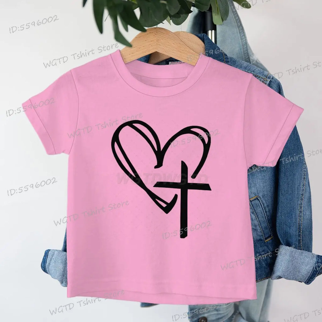 Children's Clothing Christian Heart Cross Glowing T-shirt Jesus Heart Cross Clothes Child Girl Boy Luminous Harajuku Kids Tops