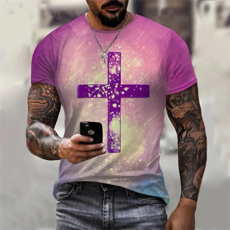 Christian Men Clothing T Shirts Oversized T-shirt Gothic Jesus Christ Cross 3D Print O-neck Tops Vintage Personality Unisex Tees