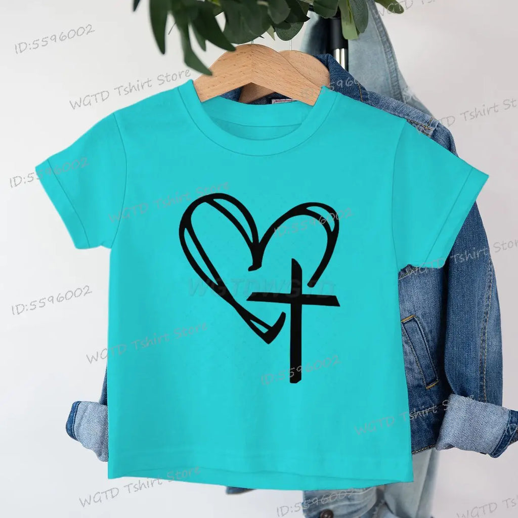 Children's Clothing Christian Heart Cross Glowing T-shirt Jesus Heart Cross Clothes Child Girl Boy Luminous Harajuku Kids Tops