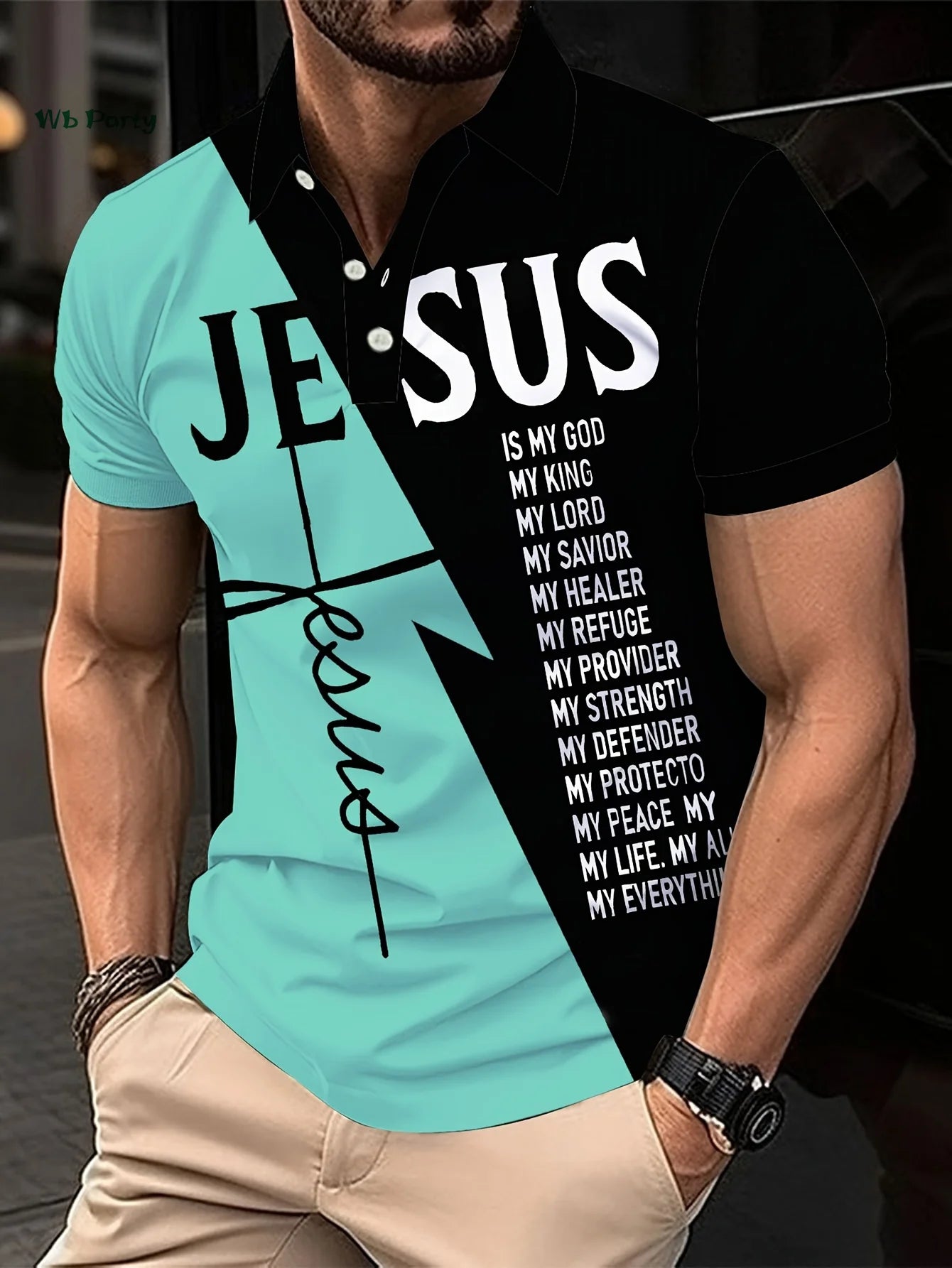 Men's Short Sleeve Lapel Polo Christian Text Printed Colorblocked Shirt Easter Clothing Summer Outdoor Casual Button down Tops