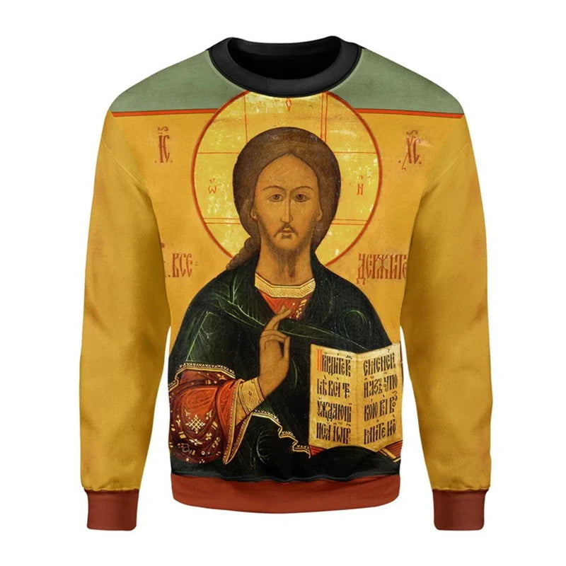 Eastern Orthodox Sweater Men 3D Print Jesus Pattern Unisex Sweatshirt Christian Cross Pullover Vintage Men Clothing Dropshipping
