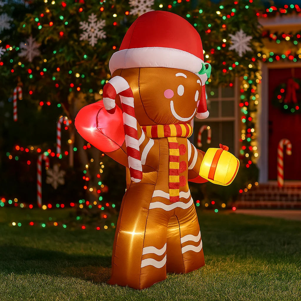 2.4M/7.8FT Gingerbread Man Candy Cane Christmas Inflatable Model Decoration LED Lights Outdoor Holiday Decor Home Yard Party Toy