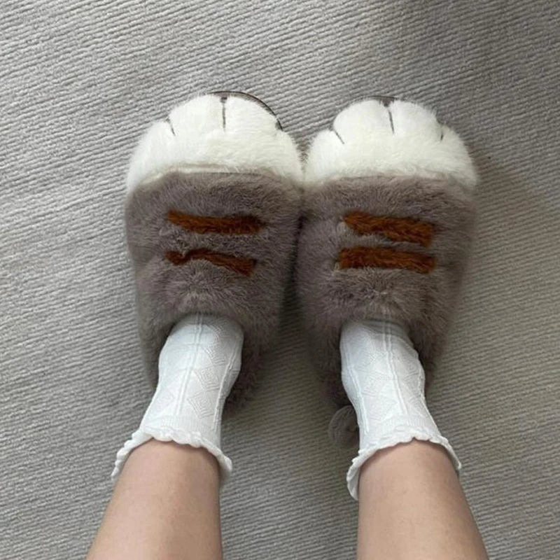 Fun fluffy cats feet slippers cute trend home shoes woman snug kitty paw furry slides women's Christmas slippers birthday gifts
