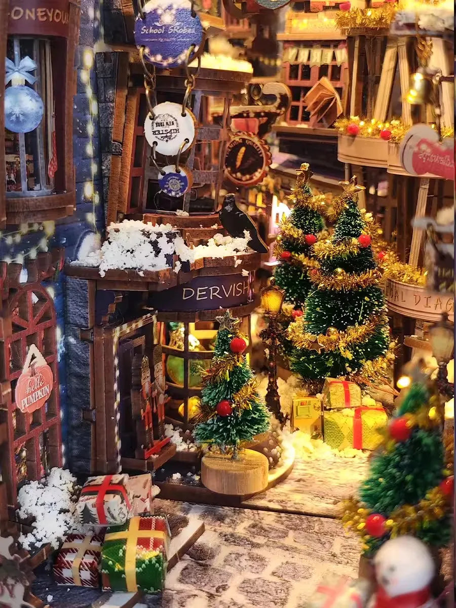 DIY Book Nook Merry Christmas Bookend Wooden Miniature Model Kit with Led Lights Handmade Bookshelf for Friends Birthday Gifts