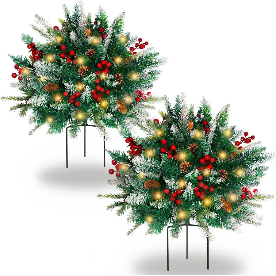 2 Pack Lighted Artificial Christmas Urn Filler Battery Operated Prelit Xmas Pine Trees with Tripod Stake and 60 LED Lights for
