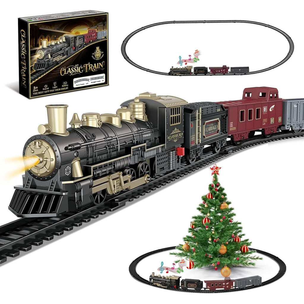 Electric Train Toys w/Locomotive Cars & Tracks for Under Christmas Tree Toddler Model Train Set w/Light & Sound Christmas Gifts